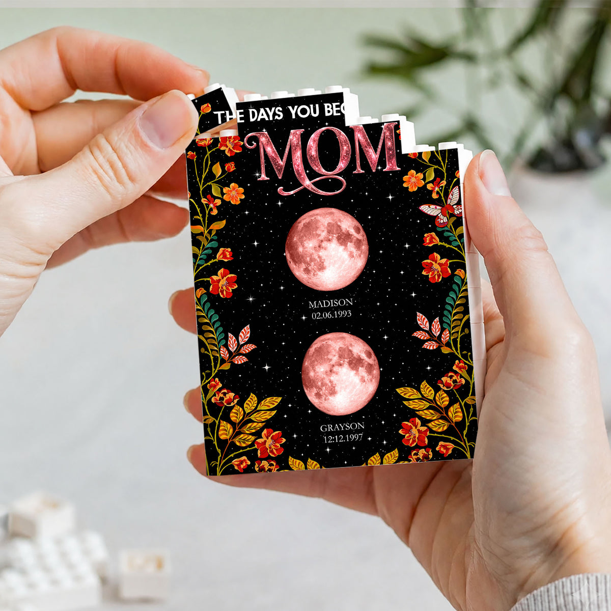 Floral Theme The Day You Became Mom Grandma Custom Birth Moon Phase - Personalized Shaped Building Brick Blocks