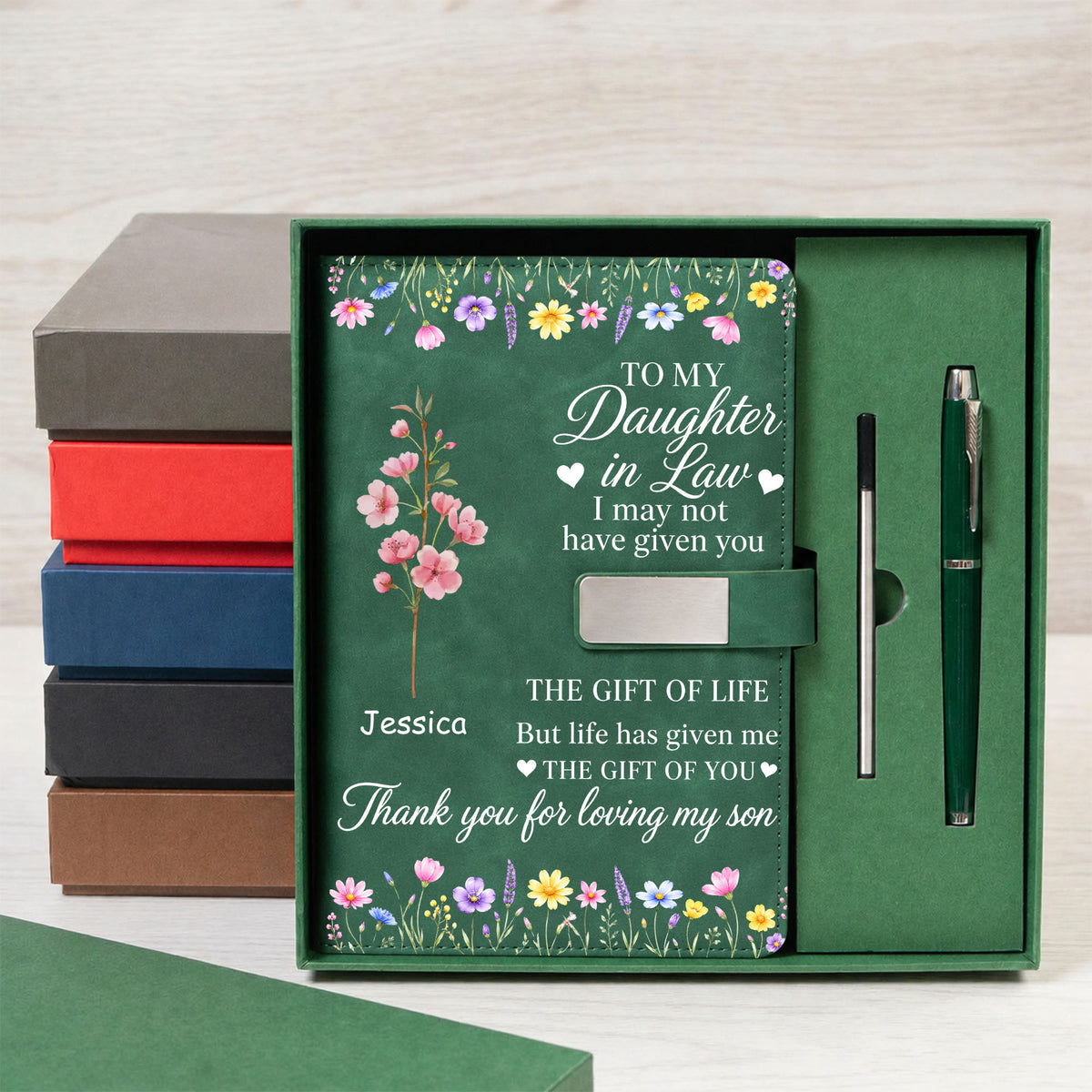 Custom Birth Flower & Name For Her - Personalized Leather Notebook Set