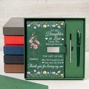 Custom Birth Flower & Name For Her - Personalized Leather Notebook Set