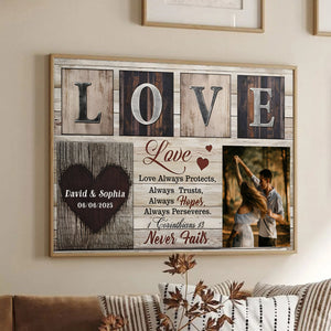 Custom Photo Couple Love Never Fails - Personalized Poster/Canvas Prints - Gift For Her/Him, Husband/Wife, Couples on Anniversary, Valentine's Day