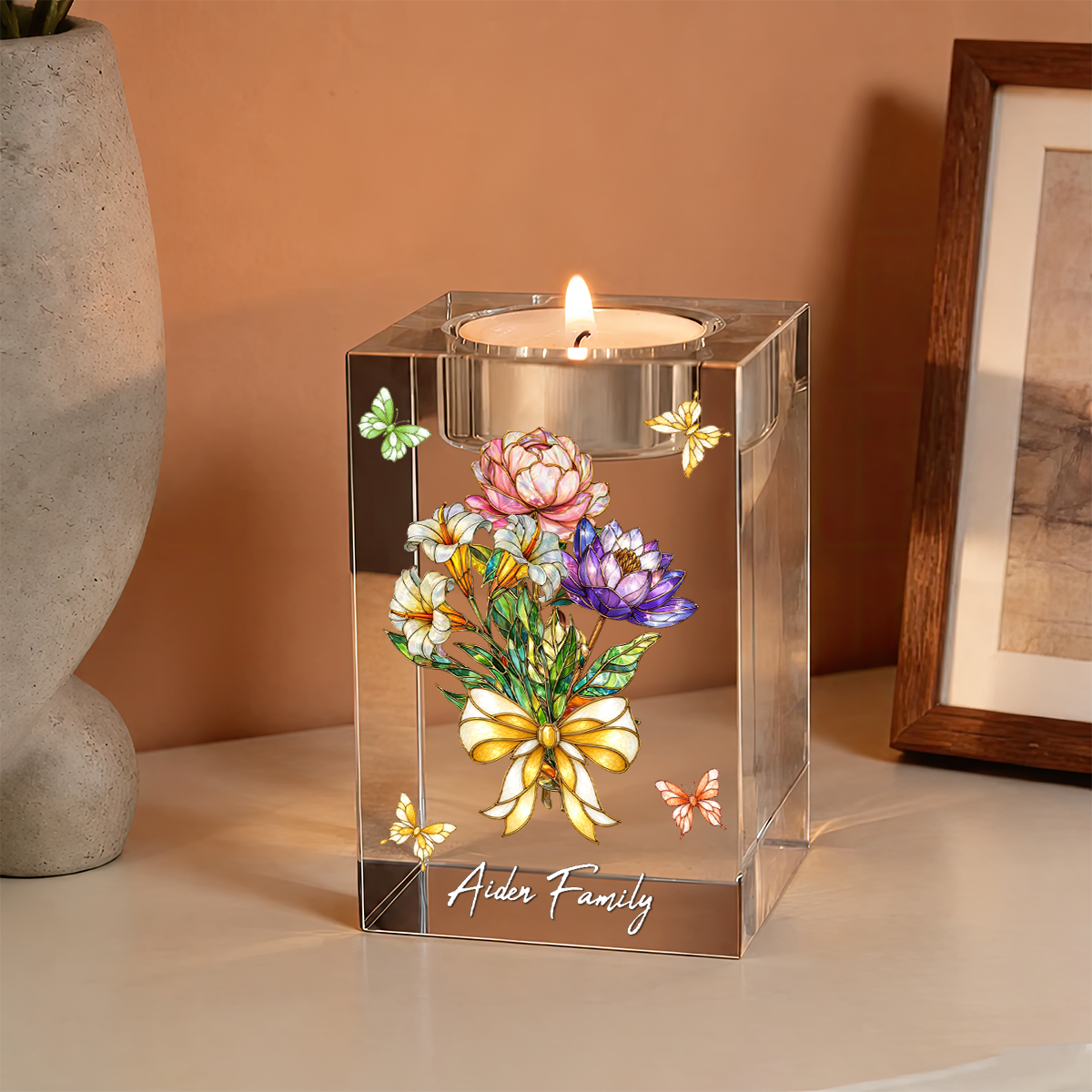 Custom Birth Flowers Art Grandma Garden - Personalized Crystal Candle Holder