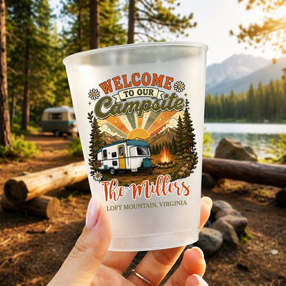 Welcome To Our Campsite Vintage Style - Personalized Plastic Frosted Water Cup - Camping Family Gift, Outdoor Drinking Accessory