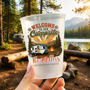 Welcome To Our Campsite Vintage Style - Personalized Plastic Frosted Water Cup - Camping Family Gift, Outdoor Drinking Accessory