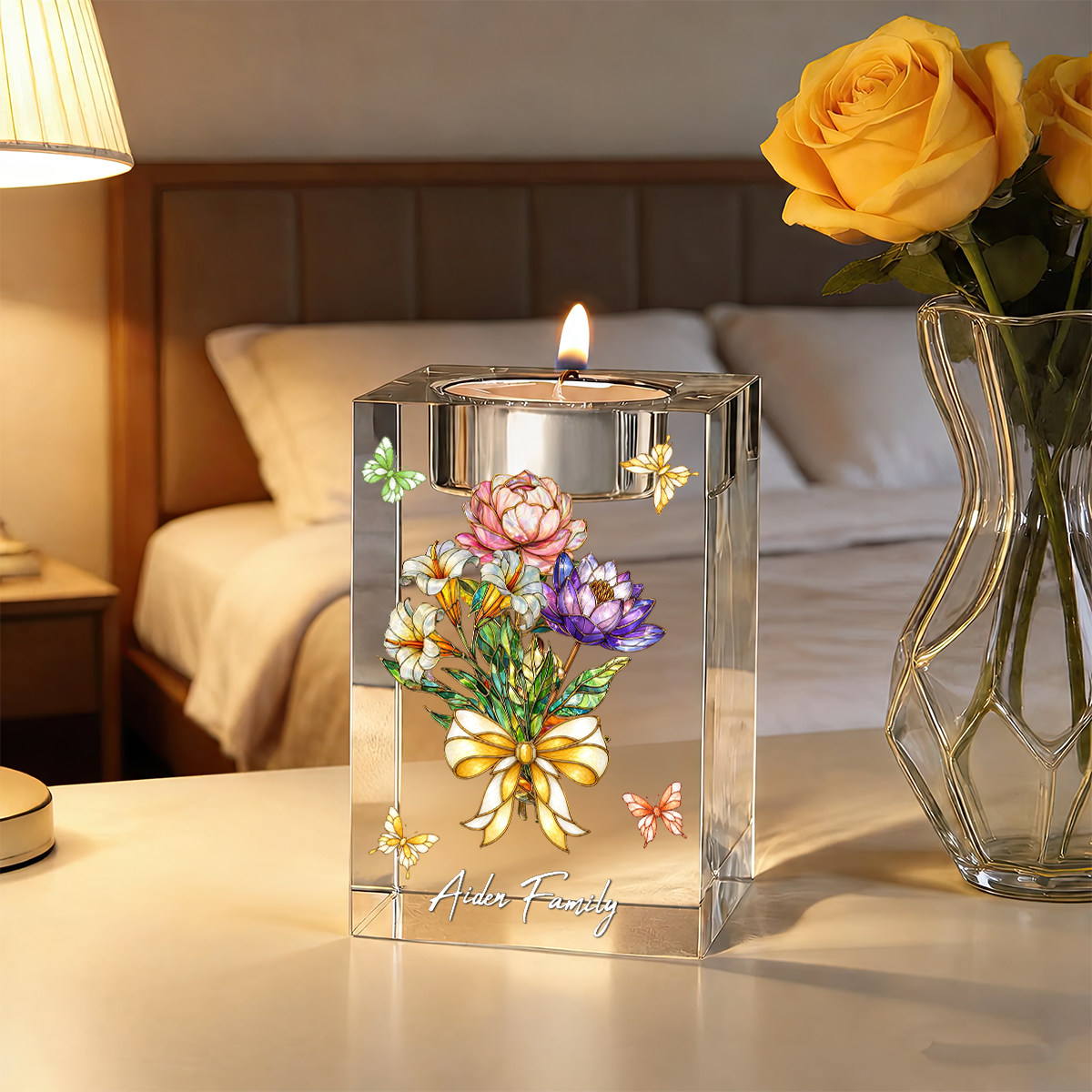 Custom Birth Flowers Art Grandma Garden - Personalized Crystal Candle Holder