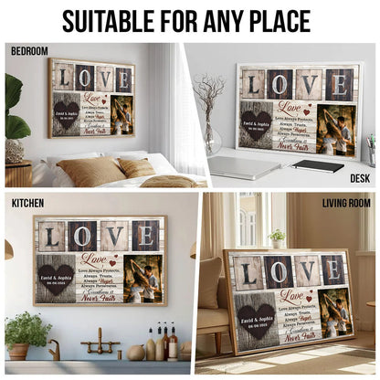 Custom Photo Couple Love Never Fails - Personalized Poster/Canvas Prints - Gift For Her/Him, Husband/Wife, Couples on Anniversary, Valentine's Day