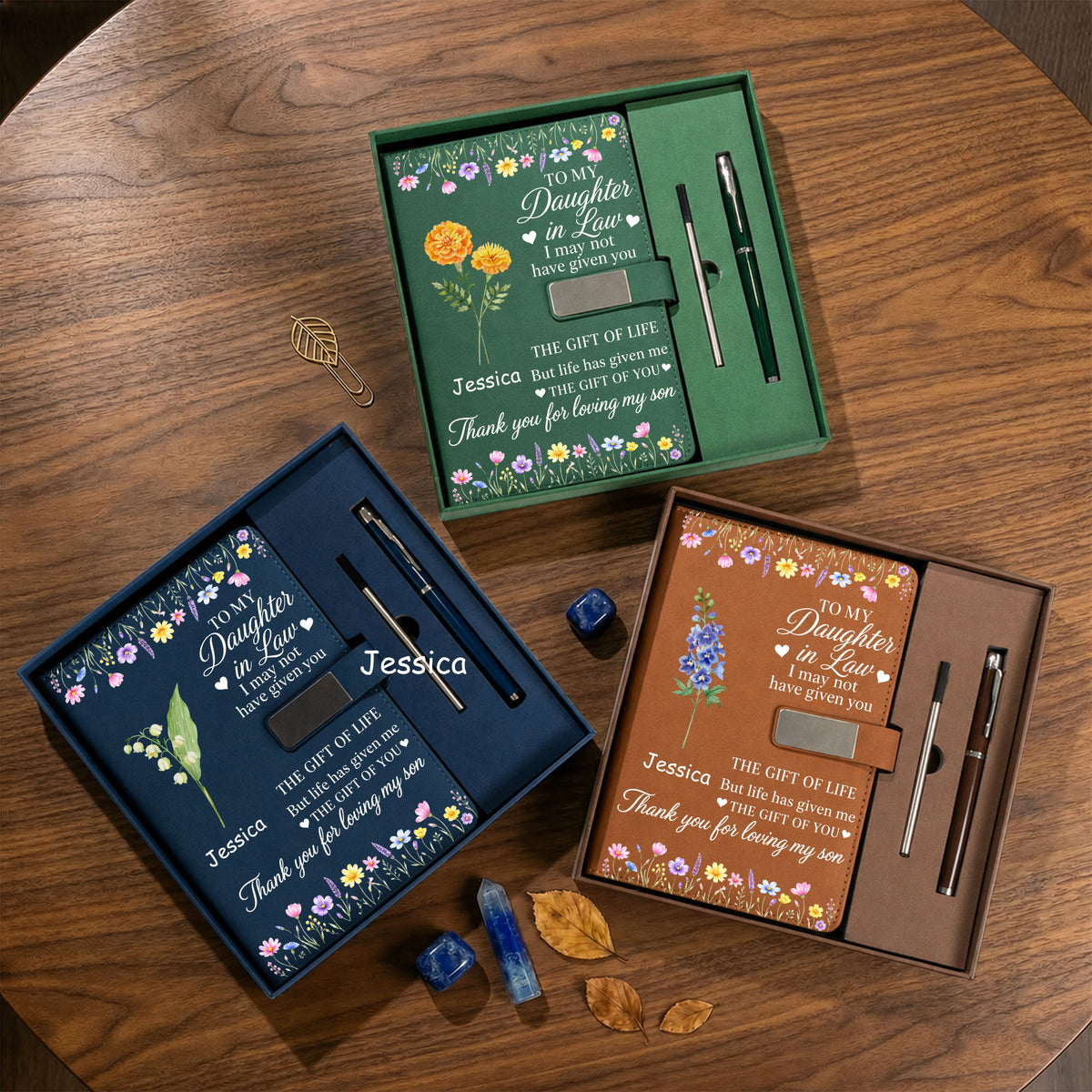 Custom Birth Flower & Name For Her - Personalized Leather Notebook Set