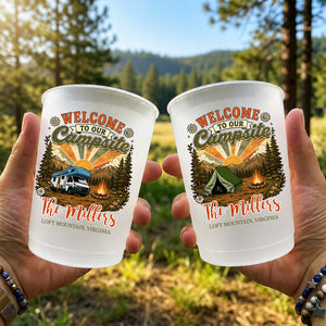 Welcome To Our Campsite Vintage Style - Personalized Plastic Frosted Water Cup - Camping Family Gift, Outdoor Drinking Accessory