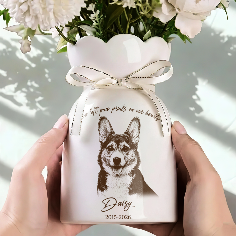 Custom Photo Pencil Sketch Memorial Family Dog Cat Portrait - Personalized Custom Ribbon Tie Flower Vase
