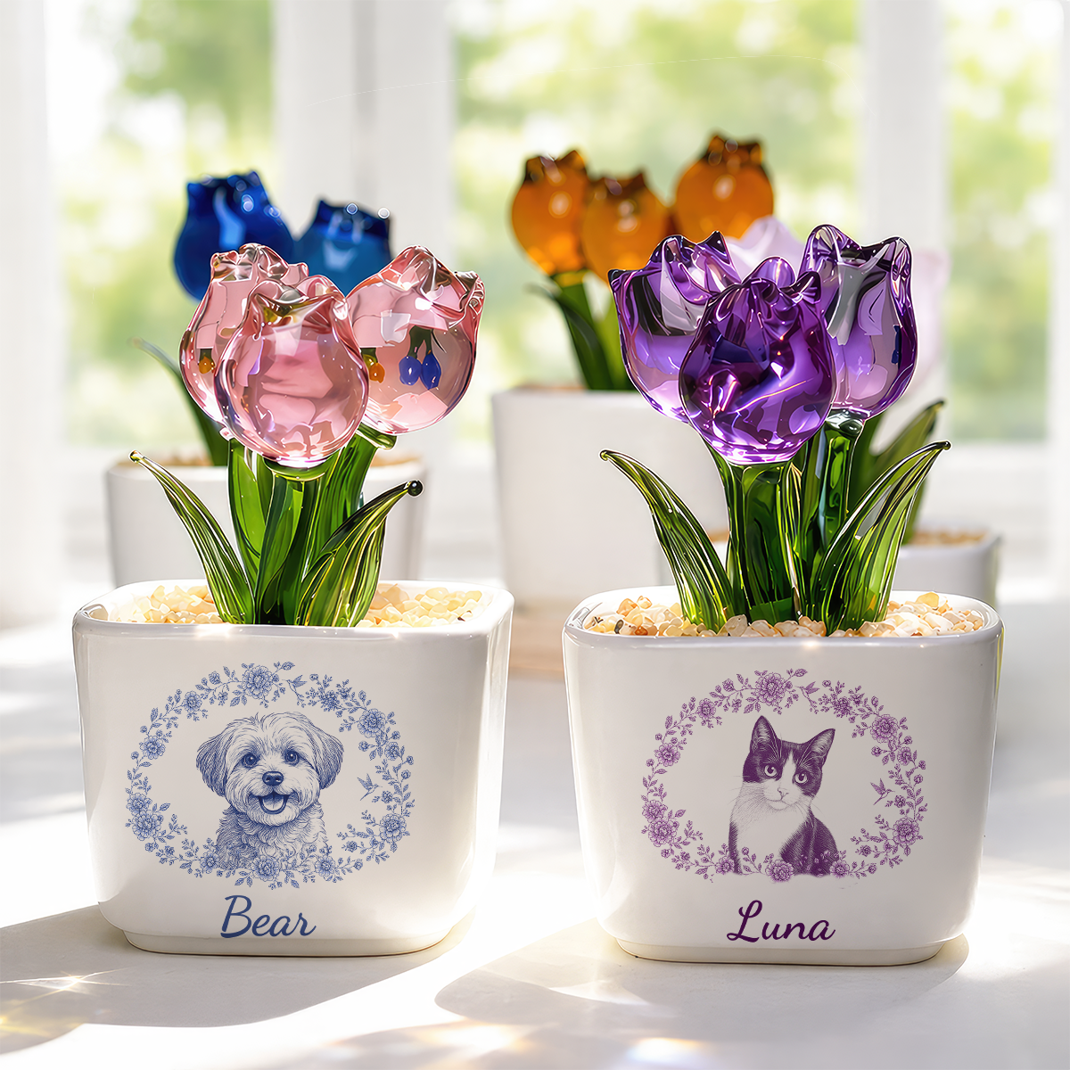 Pencil Sketch Pet Personalized Glass Everlasting Tulips