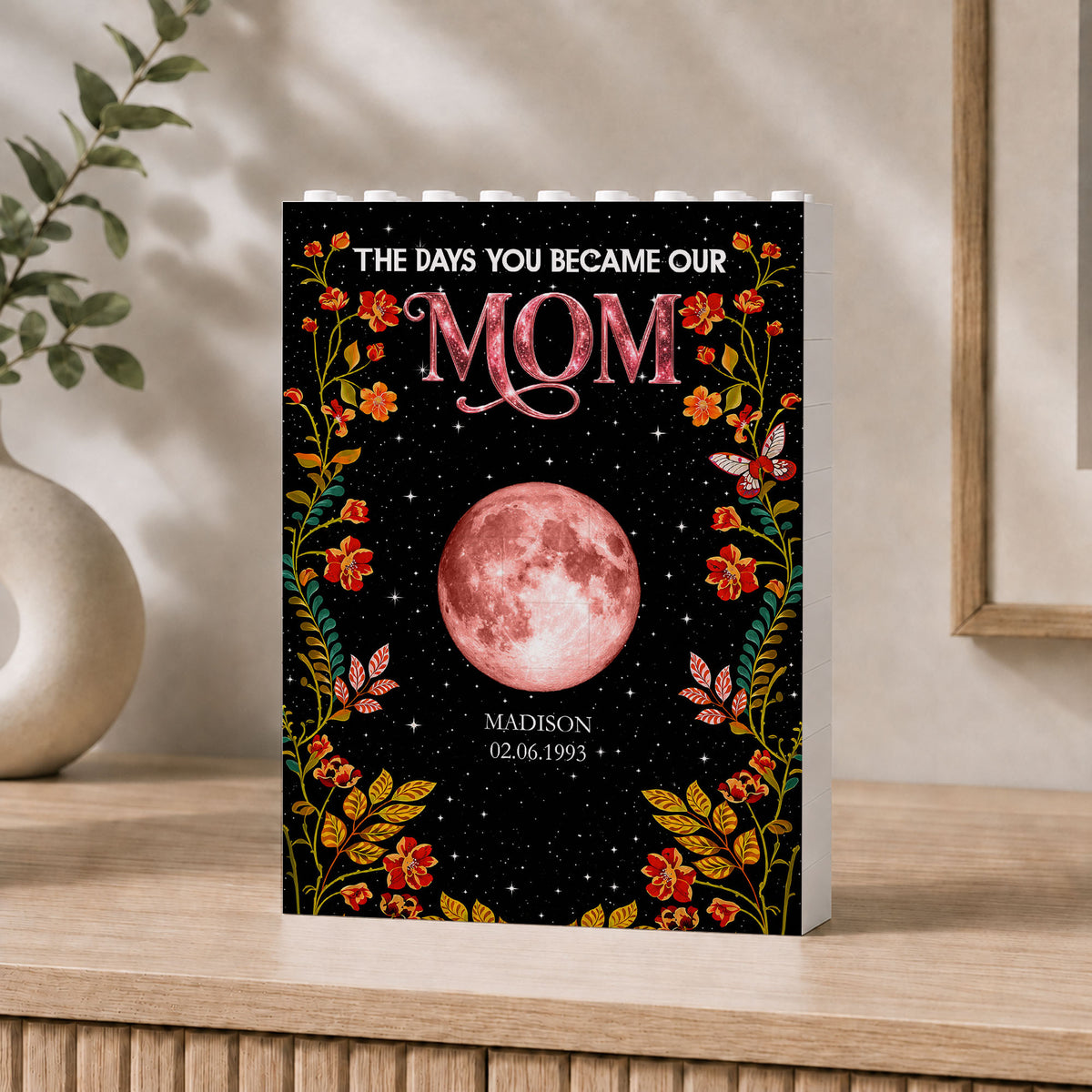 Floral Theme The Day You Became Mom Grandma Custom Birth Moon Phase - Personalized Shaped Building Brick Blocks