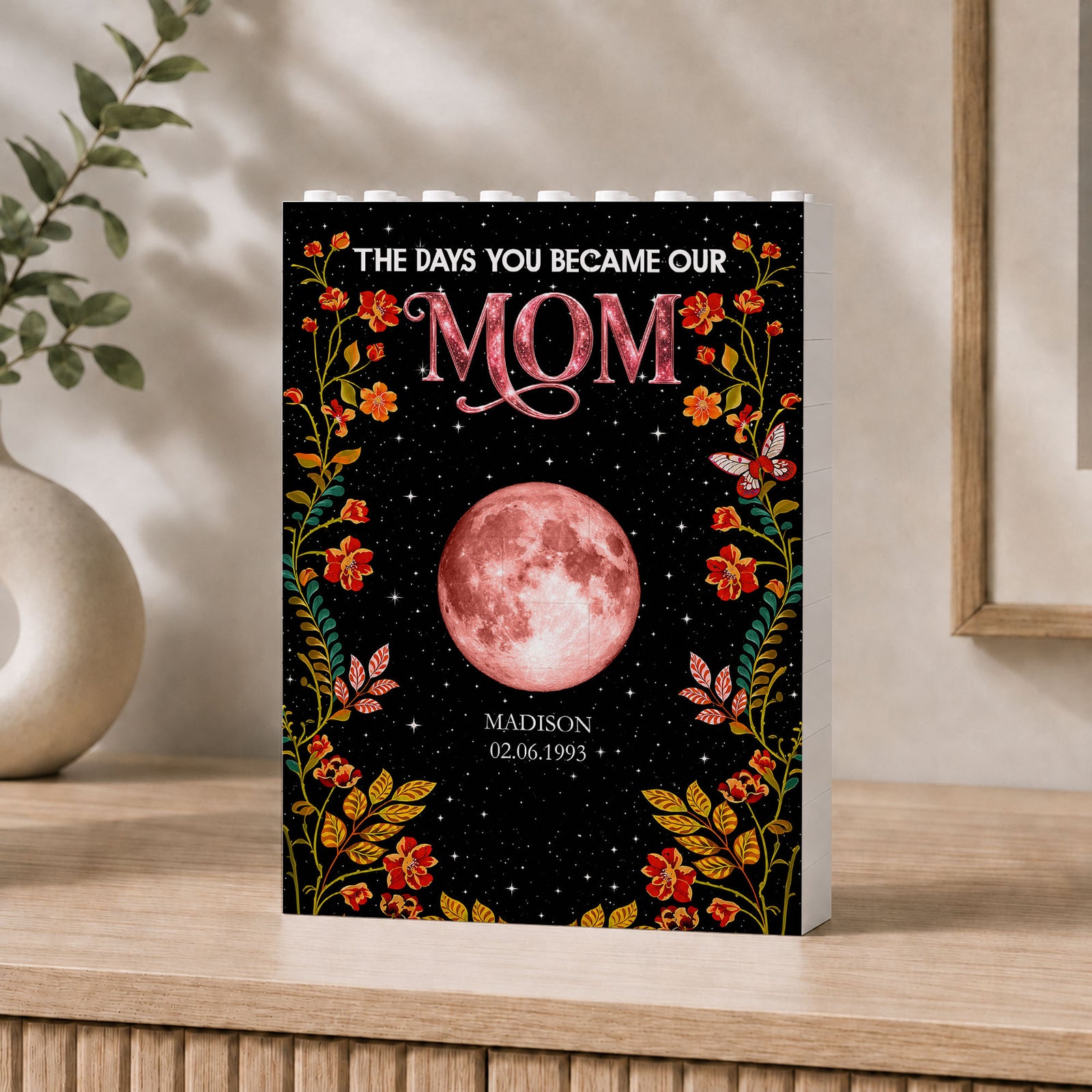 Floral Theme The Day You Became Mom Grandma Custom Birth Moon Phase - Personalized Shaped Building Brick Blocks
