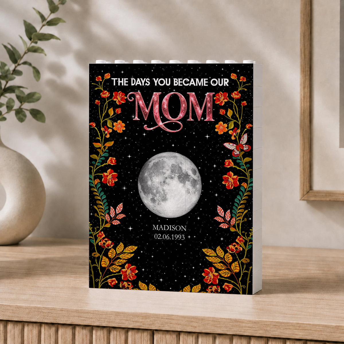Floral Theme The Day You Became Mom Grandma Custom Birth Moon Phase - Personalized Shaped Building Brick Blocks