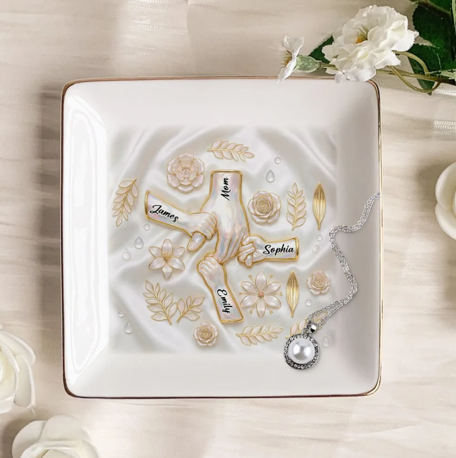 Kids Holding Mom Grandma Hand 2D Printed - Personalized Jewelry Dish