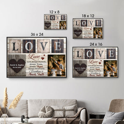 Custom Photo Couple Love Never Fails - Personalized Poster/Canvas Prints - Gift For Her/Him, Husband/Wife, Couples on Anniversary, Valentine's Day