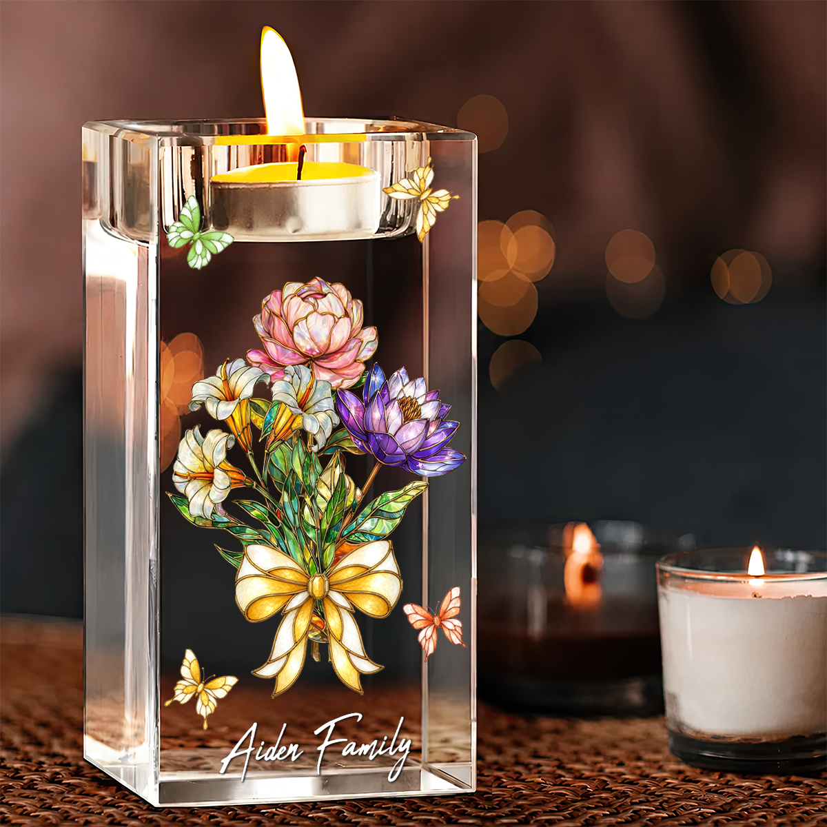 Custom Birth Flowers Art Grandma Garden - Personalized Crystal Candle Holder
