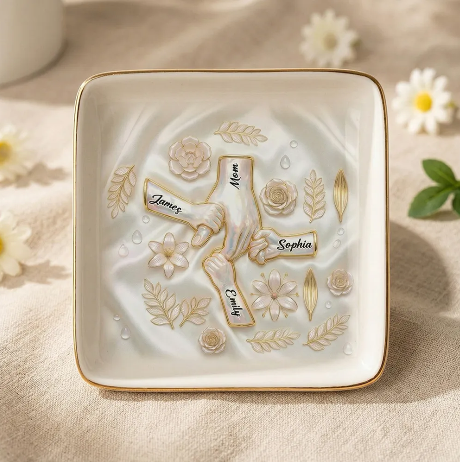 Kids Holding Mom Grandma Hand 2D Printed - Personalized Jewelry Dish