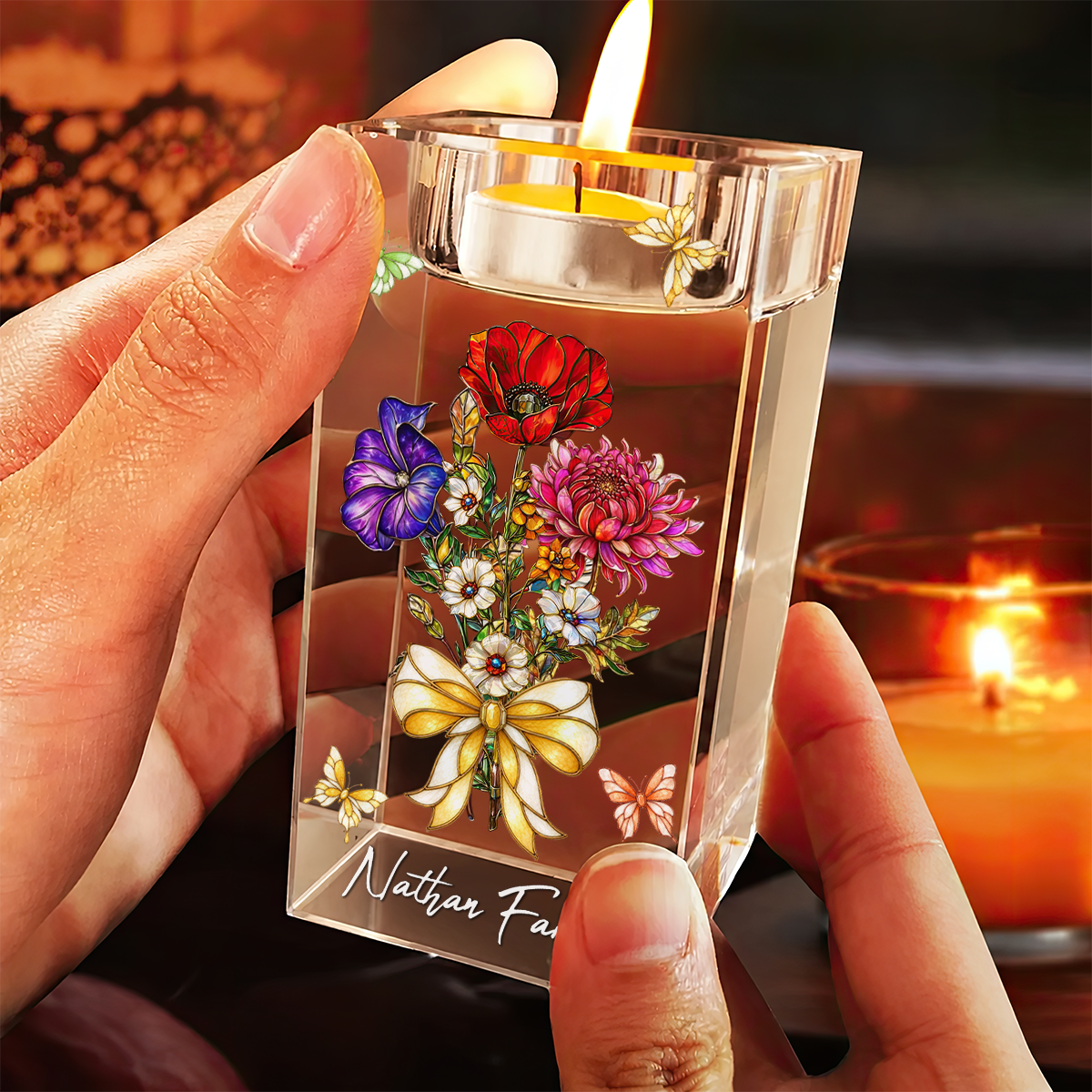 Custom Birth Flowers Art Grandma Garden - Personalized Crystal Candle Holder