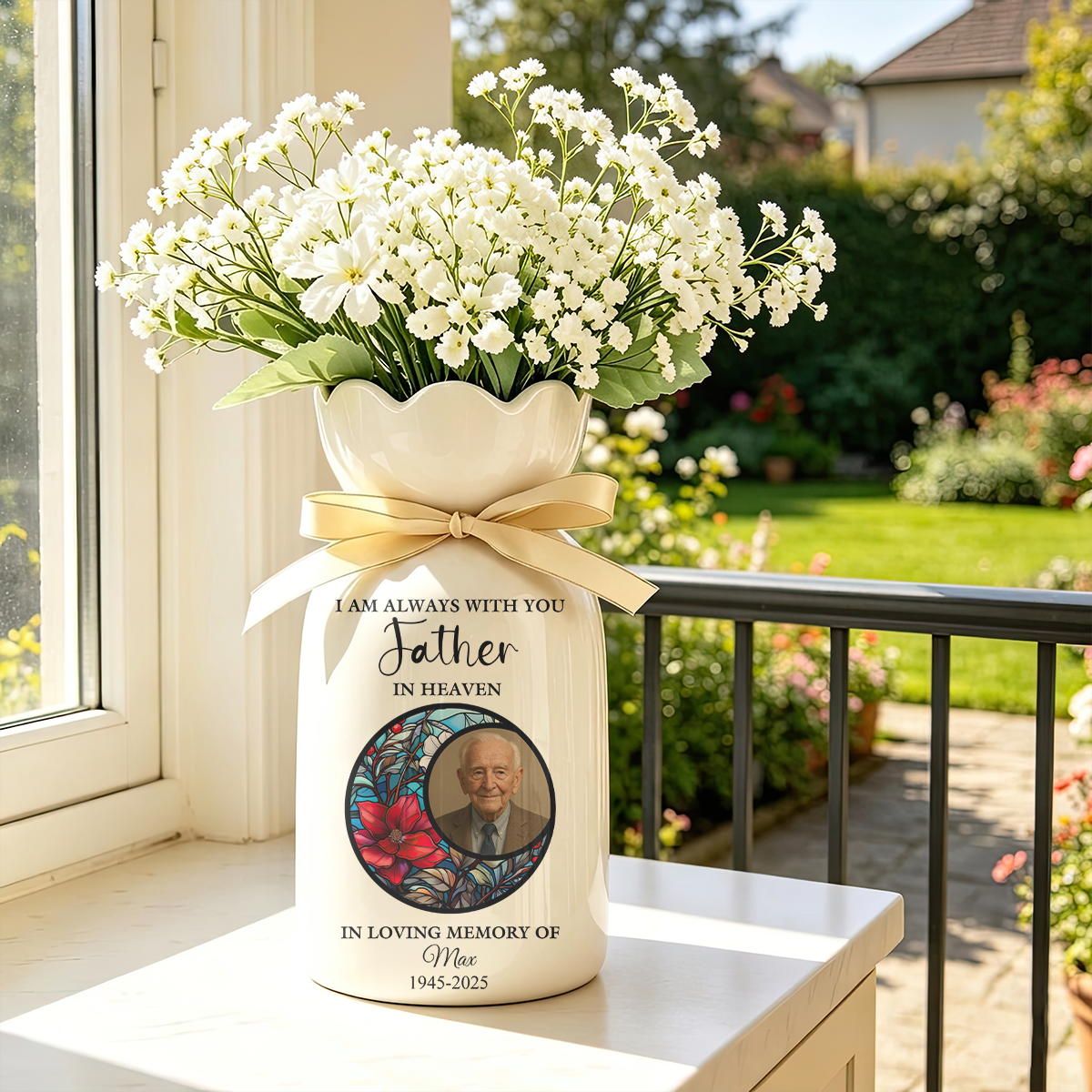 Loved One In Heaven Memorial Gift - Personalized Ribbon Tie Flower Vase