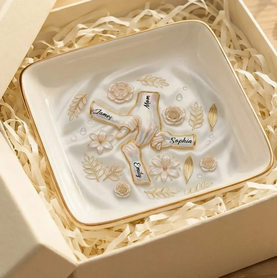 Kids Holding Mom Grandma Hand 2D Printed - Personalized Jewelry Dish