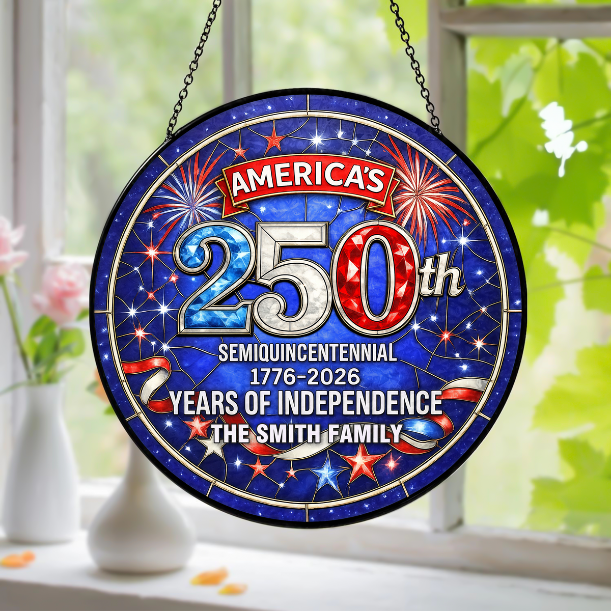 Custom Family Name America's 250th Semiquincentennial Years Of Independence Stained Glass Suncatcher