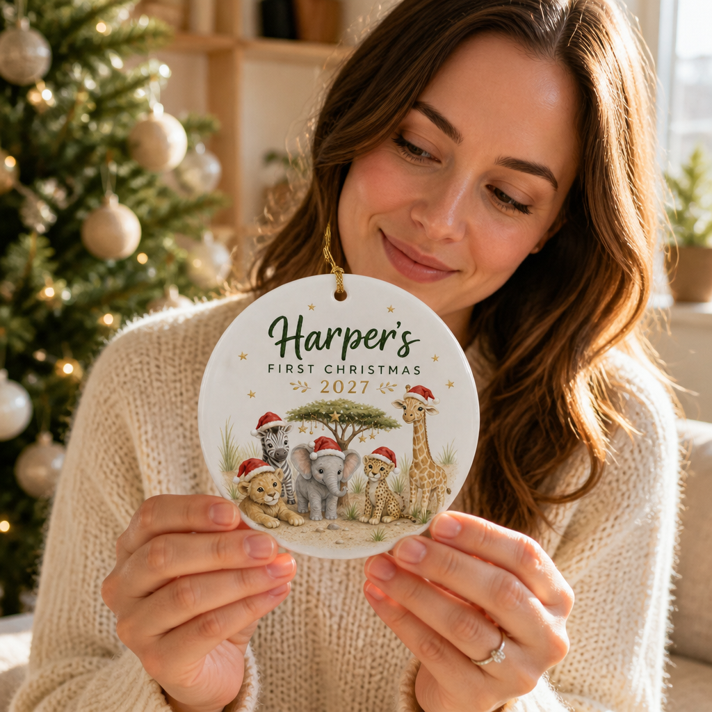 Baby’s First Christmas Safari Animals Ornament - Personalized 2D Flat Ceramic Christmas Keepsake mockup-held-6a7bd914af1616ef63ee6b3f.png