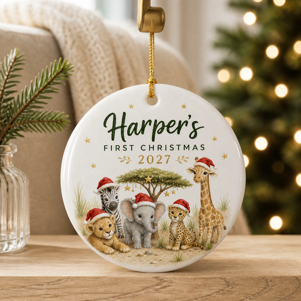 Baby’s First Christmas Safari Animals Ornament - Personalized 2D Flat Ceramic Christmas Keepsake mockup-product-6a7bd914af1616ef63ee6b3f.png