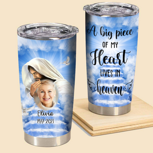 Unique Personalized Memorial Gifts - Personalized Photo Tumbler - A Big Piece Of My Heart Lives In Heaven - Jesus Christ Tumbler