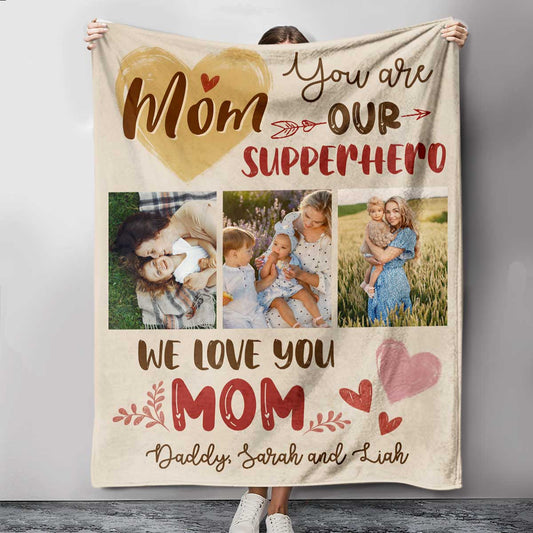 Personalized Mother’s Day Photo Blanket, Mothers Day Gift from Husband, Mom You Are Our Superhero
