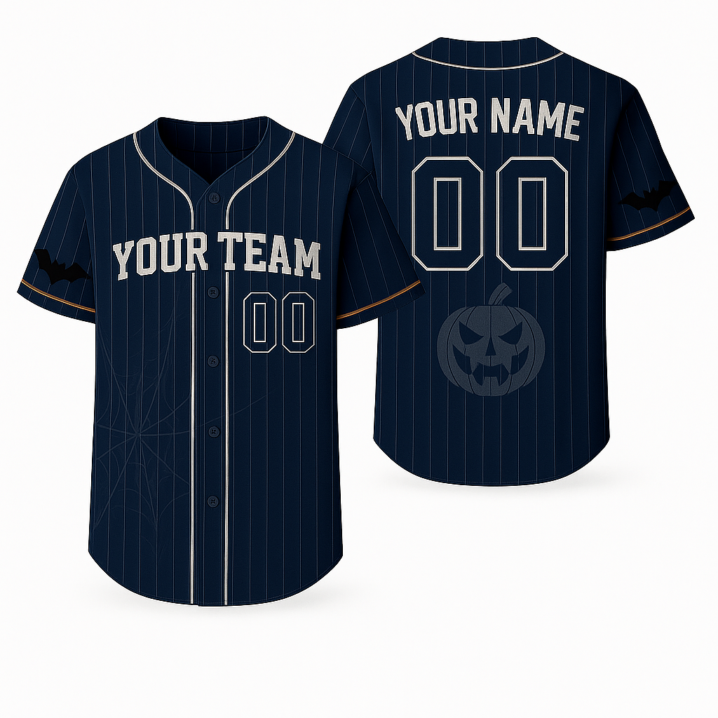 Custom Halloween Baseball Jersey – Pinstripe Bat & Web Design – Personalized Team Name & Number