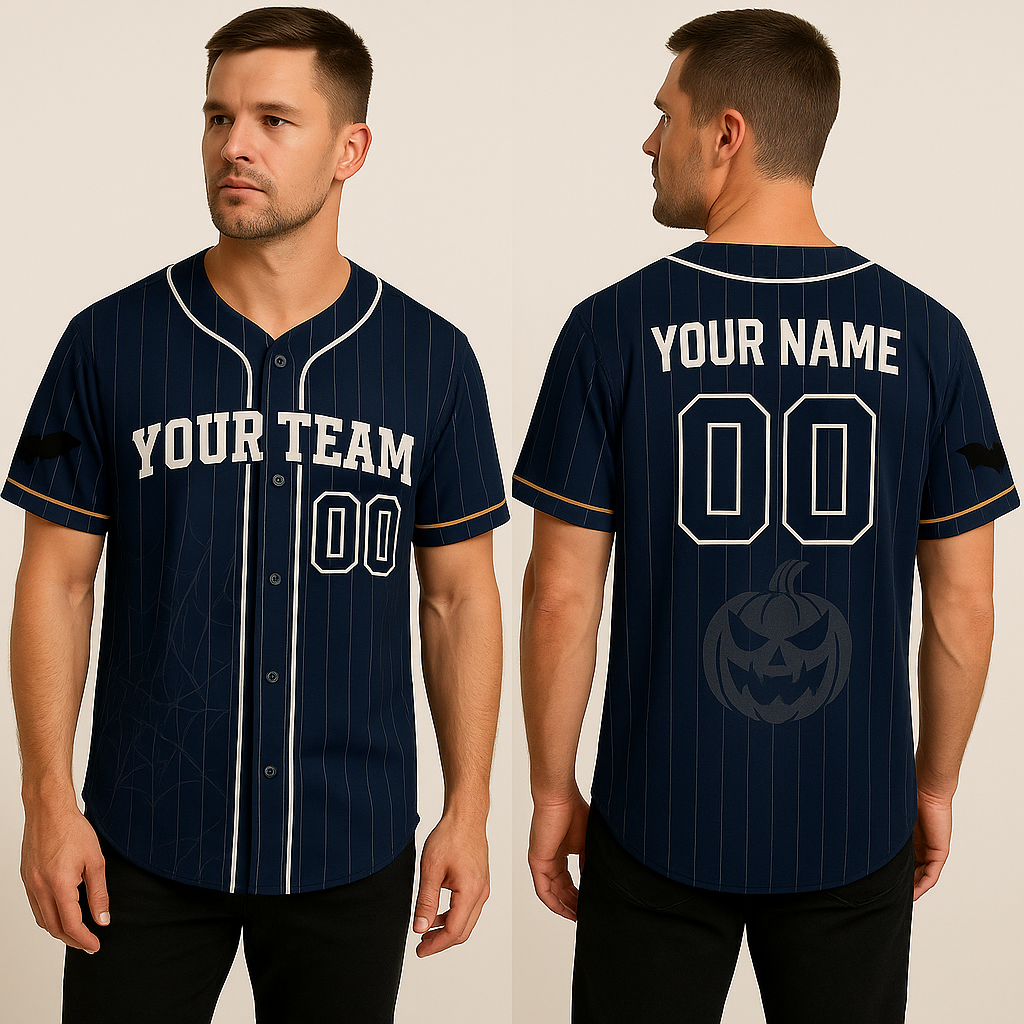 Custom Halloween Baseball Jersey – Pinstripe Bat & Web Design – Personalized Team Name & Number
