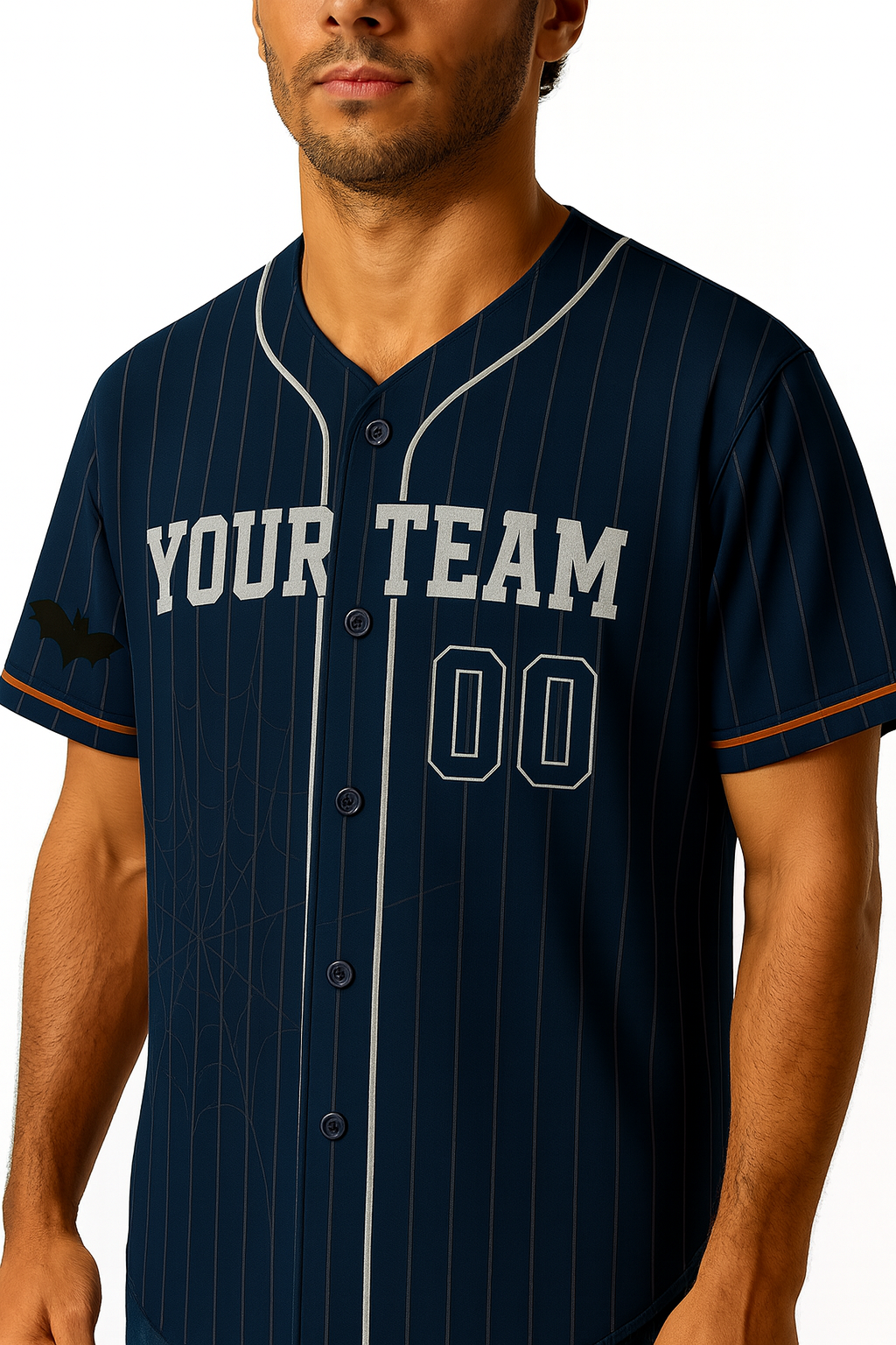 Custom Halloween Baseball Jersey – Pinstripe Bat & Web Design – Personalized Team Name & Number