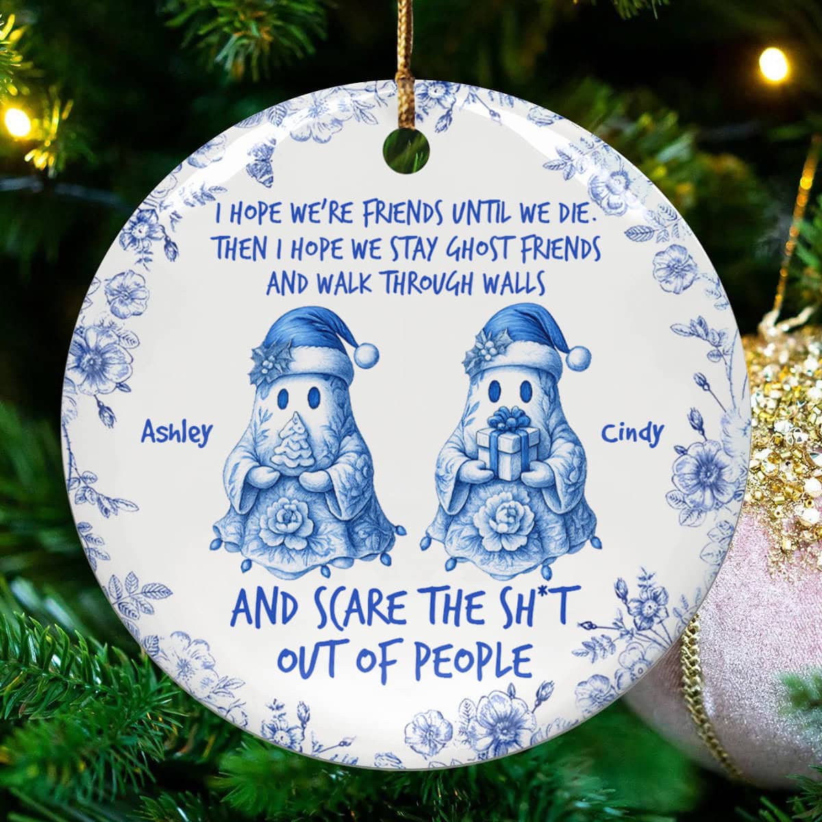 Friends Until We Die Ghost Friends in Bible Toile De Jouy Style, Personalized Custom Ceramic Ornament, Gift For Besties