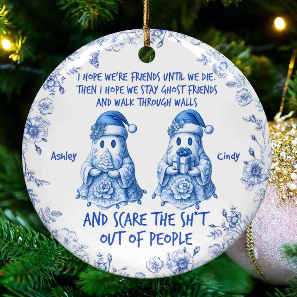 Friends Until We Die Ghost Friends in Bible Toile De Jouy Style, Personalized Custom Ceramic Ornament, Gift For Besties