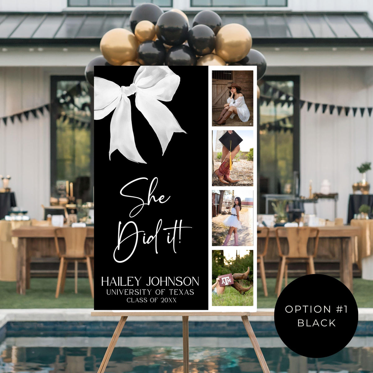 She Did It! Bow Graduation Welcome Sign with Photo Strip | Graduation Party Entrance Decor | Elegant Welcome Sign for Graduation