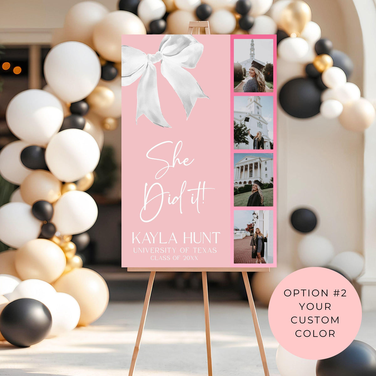 She Did It! Bow Graduation Welcome Sign with Photo Strip | Graduation Party Entrance Decor | Elegant Welcome Sign for Graduation