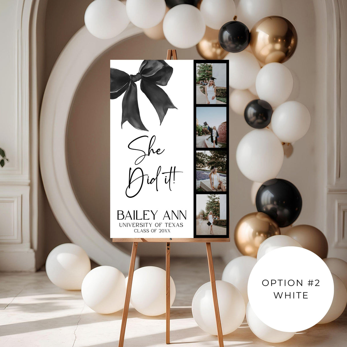 She Did It! Bow Graduation Welcome Sign with Photo Strip | Graduation Party Entrance Decor | Elegant Welcome Sign for Graduation
