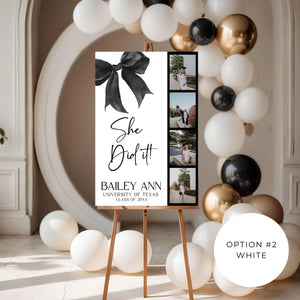 She Did It! Bow Graduation Welcome Sign with Photo Strip | Graduation Party Entrance Decor | Elegant Welcome Sign for Graduation