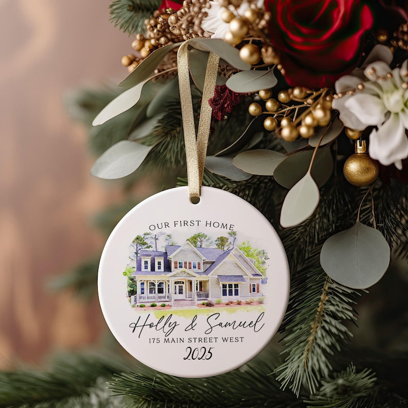Our First Home Ornament, Custom Watercolor House Christmas Ornament,Personalized Christmas Ornament Gift, Housewarming, New Home