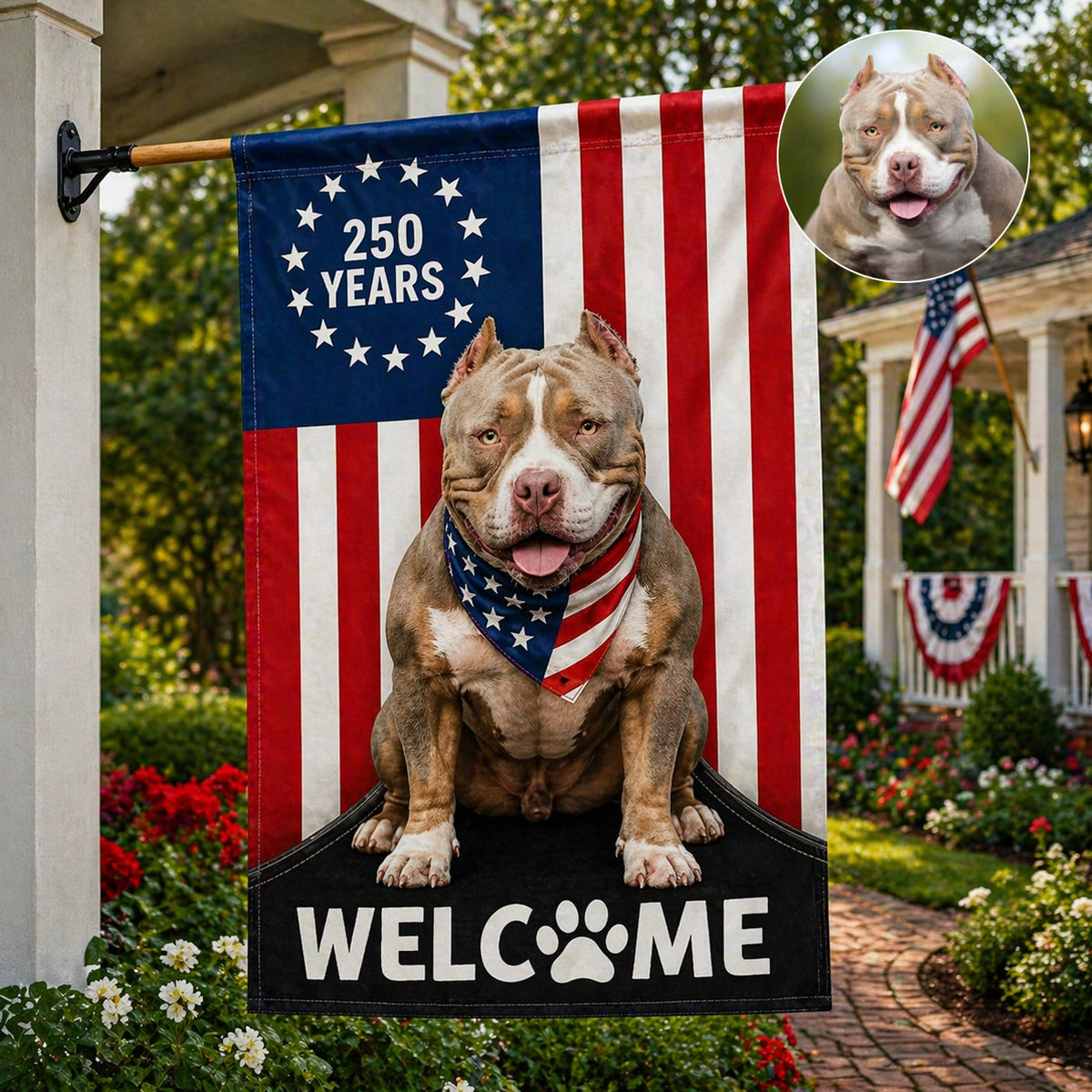 Patriotic Welcome Dog Garden Flag, 250 Years Dog. Custom Dog Photo Flag Decor for Dog Lovers