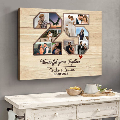 Personalized 25 Years Anniversary Photo Collage Canvas, Silver Gifts For 25th Wedding Anniversary, 25 Wonderful Years Together Gifts