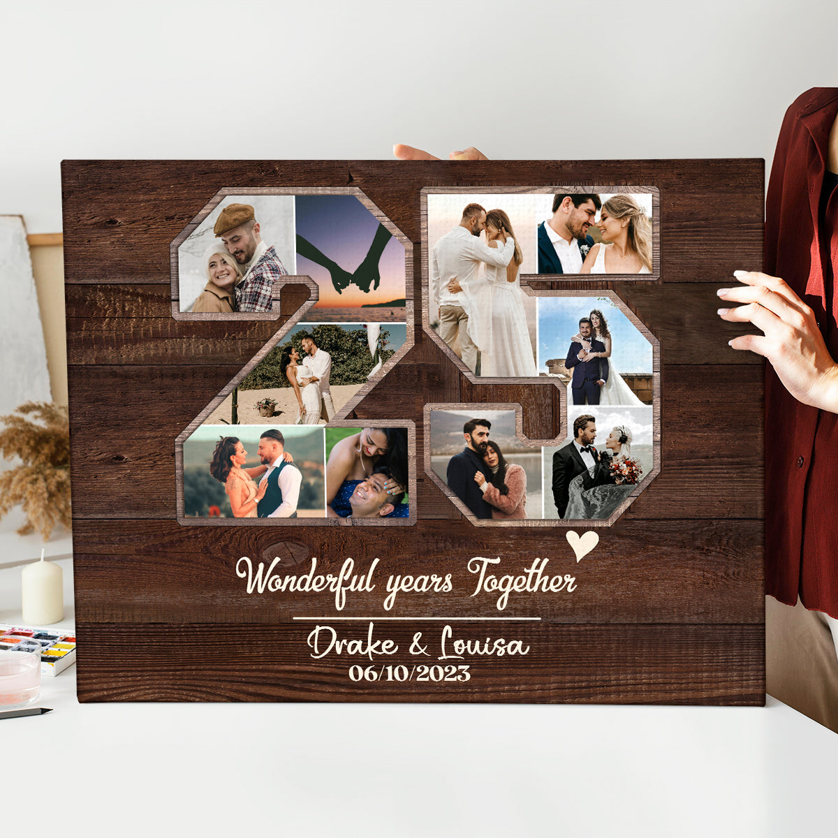 Personalized 25 Years Anniversary Photo Collage Canvas, Silver Gifts For 25th Wedding Anniversary, 25 Wonderful Years Together Gifts