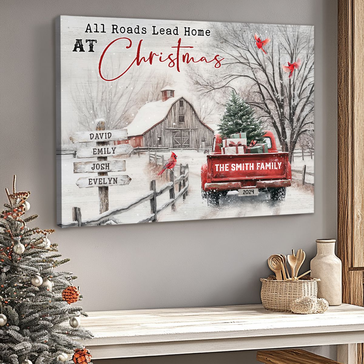 Customizable All Roads Lead Home at Christmas Canvas / Poster - Personalize Names & Year