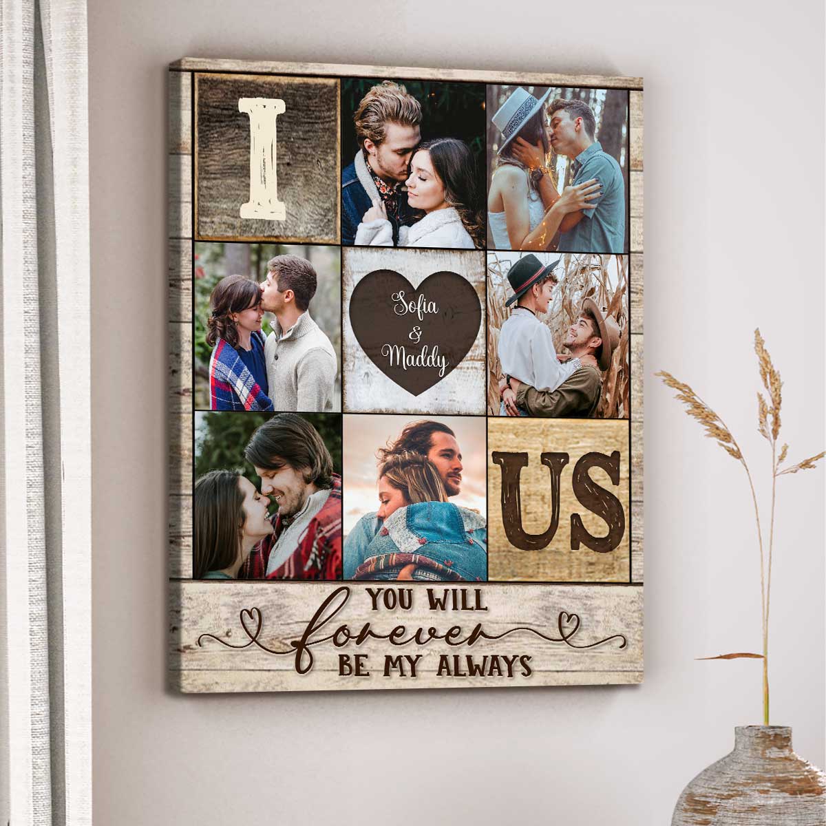 Custom I Heart Us Photo Collage Canvas, Couple Photo Gifts, Valentine s Day Gift For Spouse