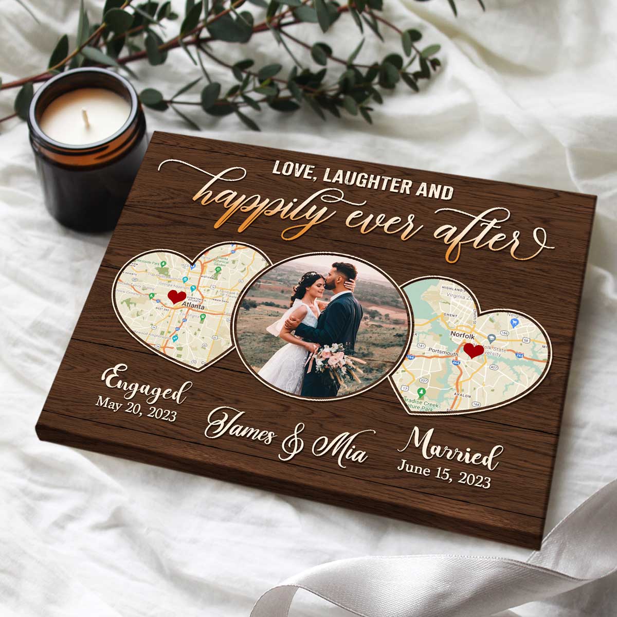 Personalized Wedding Map Gifts With Photo, Newly Wed Gifts, Two Locations Heart Puzzle Map Canvas, Happily Ever After