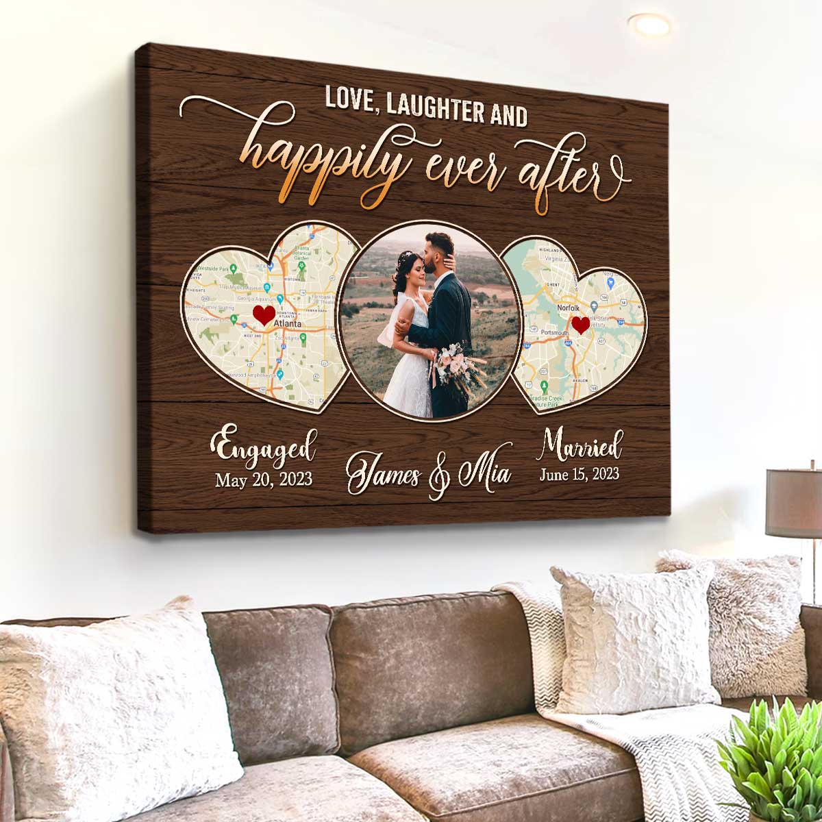 Personalized Wedding Map Gifts With Photo, Newly Wed Gifts, Two Locations Heart Puzzle Map Canvas, Happily Ever After