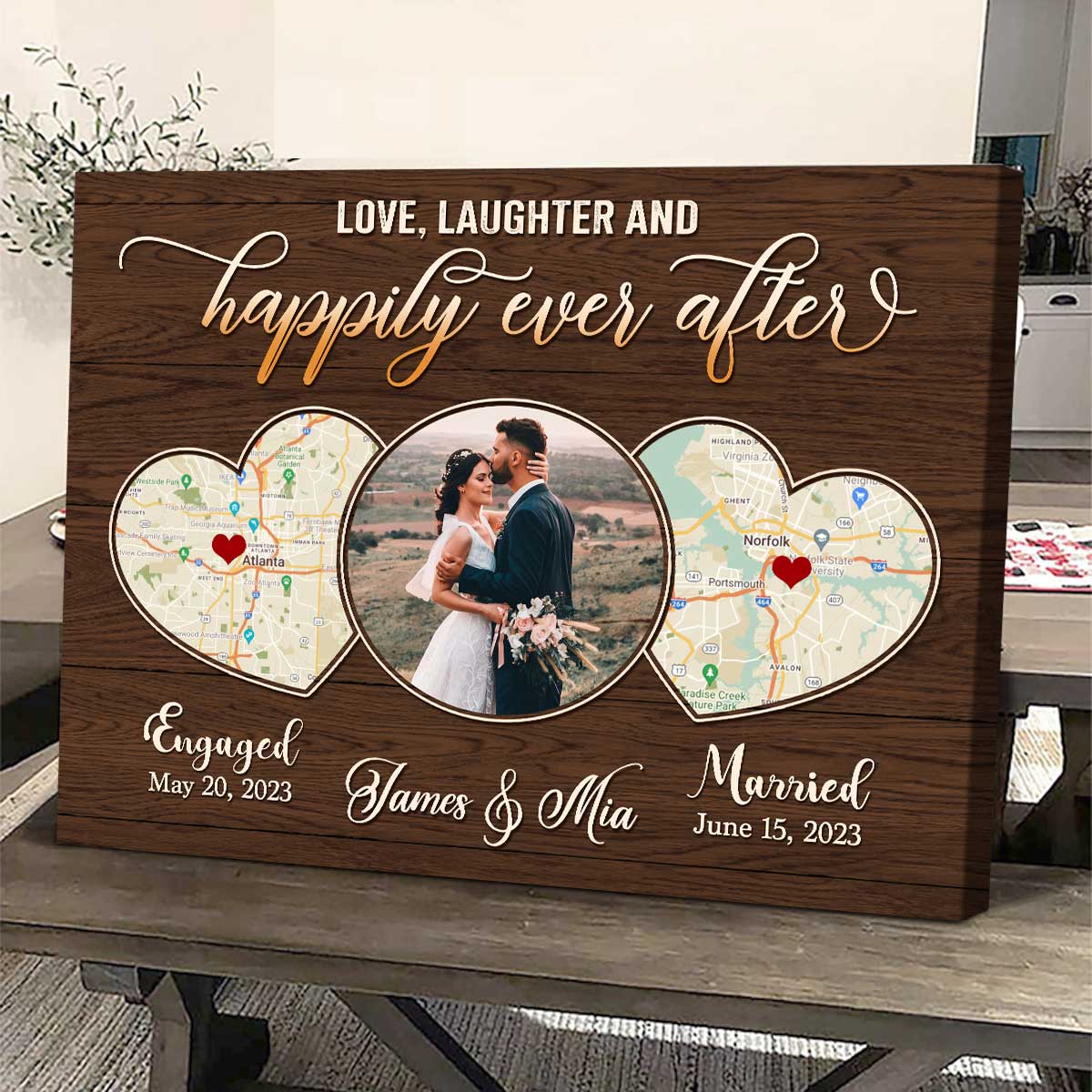 Personalized Wedding Map Gifts With Photo, Newly Wed Gifts, Two Locations Heart Puzzle Map Canvas, Happily Ever After