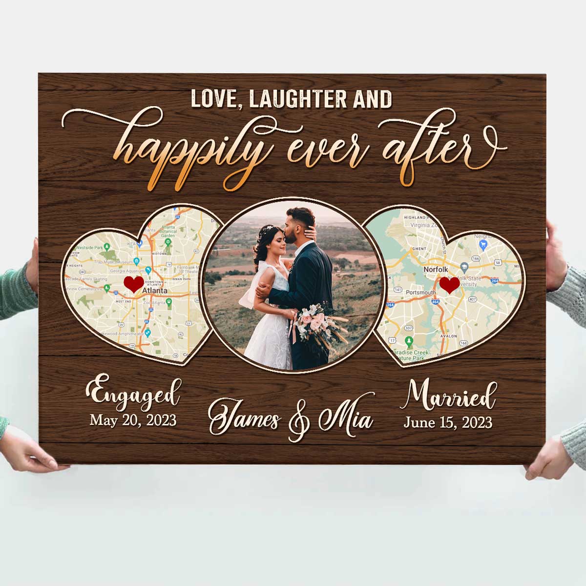 Personalized Wedding Map Gifts With Photo, Newly Wed Gifts, Two Locations Heart Puzzle Map Canvas, Happily Ever After