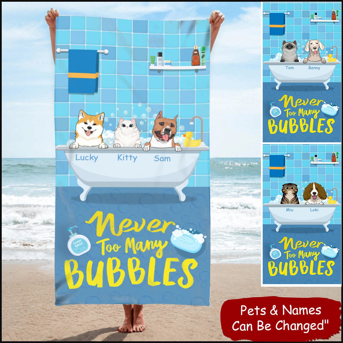 Never Too Many Bubbles- Personalized Beach Towel- Lovely Summer Gift For Cat Dog Lovers