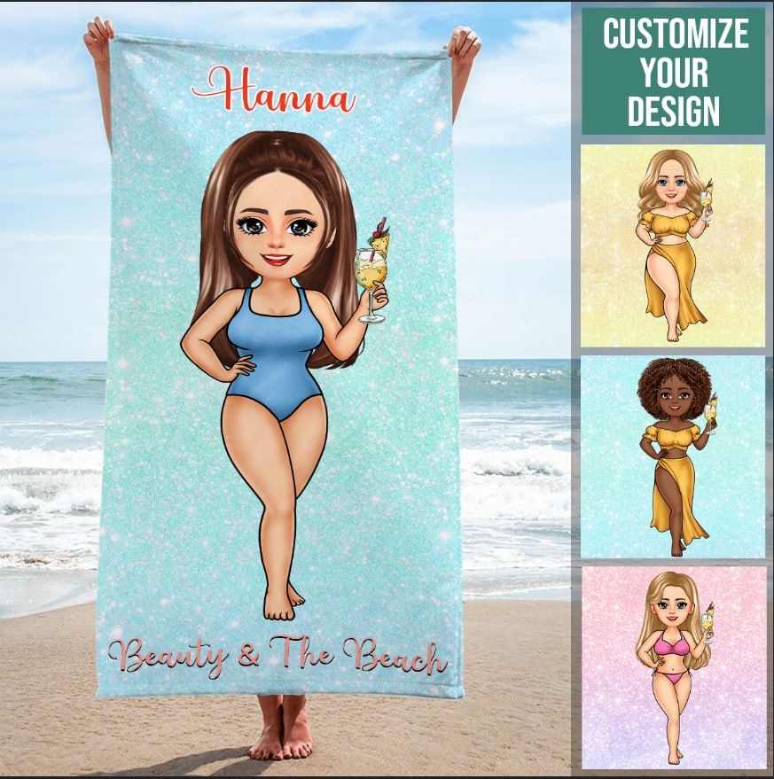 Glitter Effect Family Members Traveling Beach- Personalized Beach Towel- Summer Vacation Gift For Family, Friends, Beach Lovers