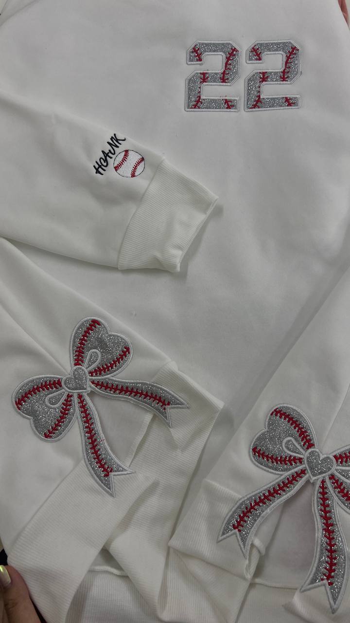 Personalized Baseball Side Bow Applique Side Bow Machine Embroidery Sweatshirt, Baseball Embroidered Sweatshirt, Gift For Baseball Mom